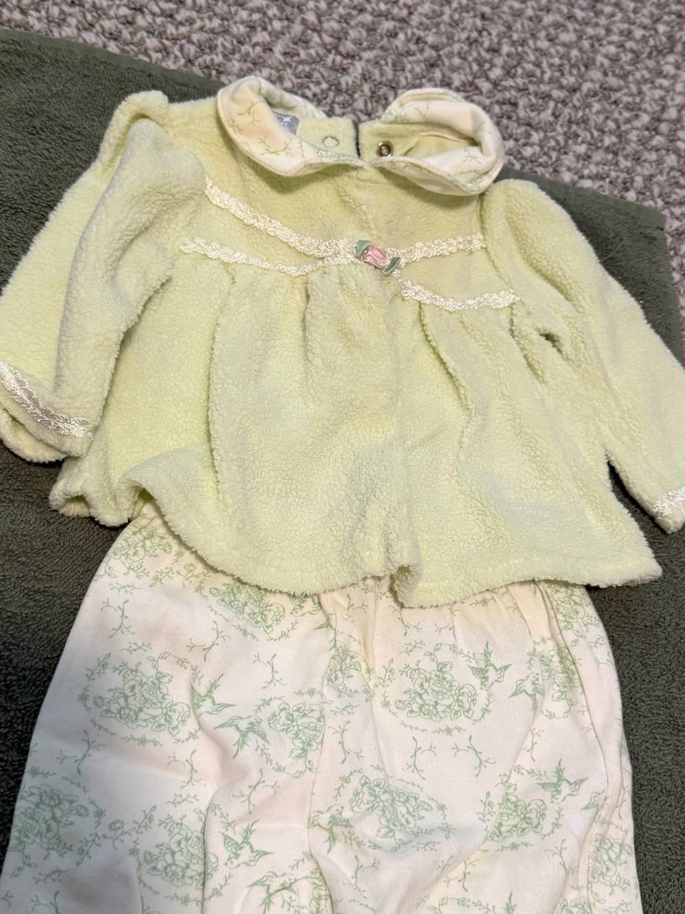 Soft Pastel Green Baby Jacket and Floral Pants/Socks 3pc Cotton Set- 3 months